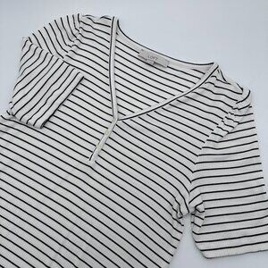LOFT Women's V-Neck Striped Ribbed Henley Style Knit Top, Size XL,‎ White/Black